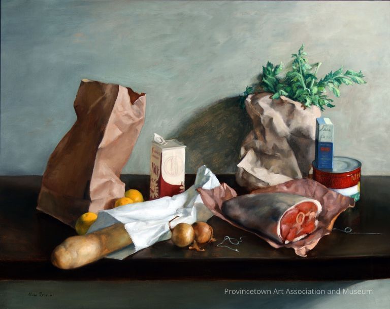 Still life of groceries on a table; onions, cut of meat, fruit, baguette in bag, carton of milk, cans