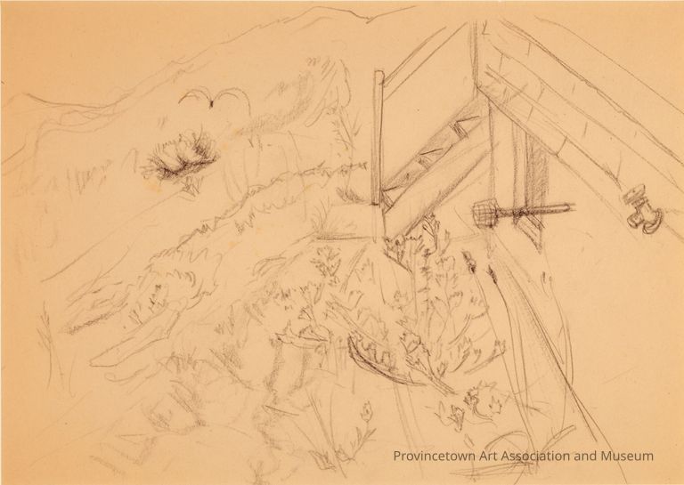Untitled (Study of Hopper House Exterior, Showing Foundation, Stairs, Light, and Spigot)