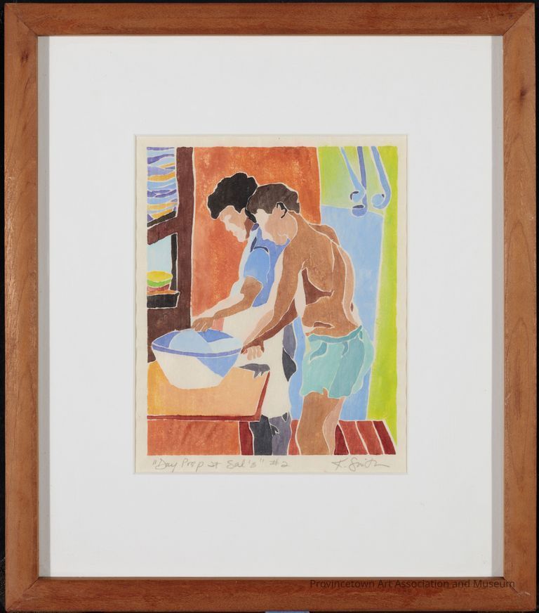 Two figures preparing for the day in a kitchen. One is shirtless in shorts, while the other is dressed for the kitchen with an apron. The figures work on a countertop with a large bowl. Ladles hang on the wall in the multicolor background.