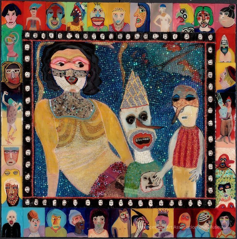 3D collage (sequins) of various fantastical colorful figures, three framed in the center and surrounded by small frames of other figures