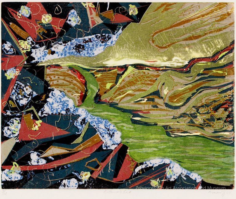 Vibrant, swirling patterns in green, red, blue, and gold with intricate details