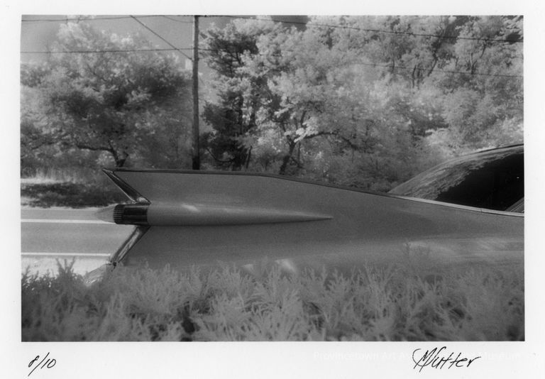 Black and white photo of the back of an old Cadillac car