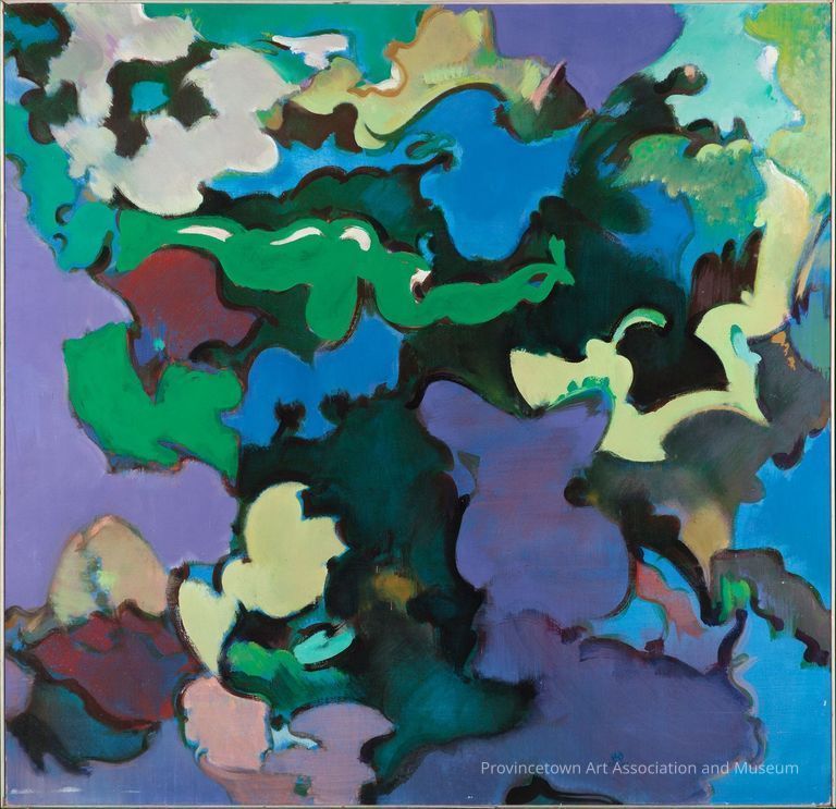 Blue, green, purple, yellow abstract puzzle-like shapes