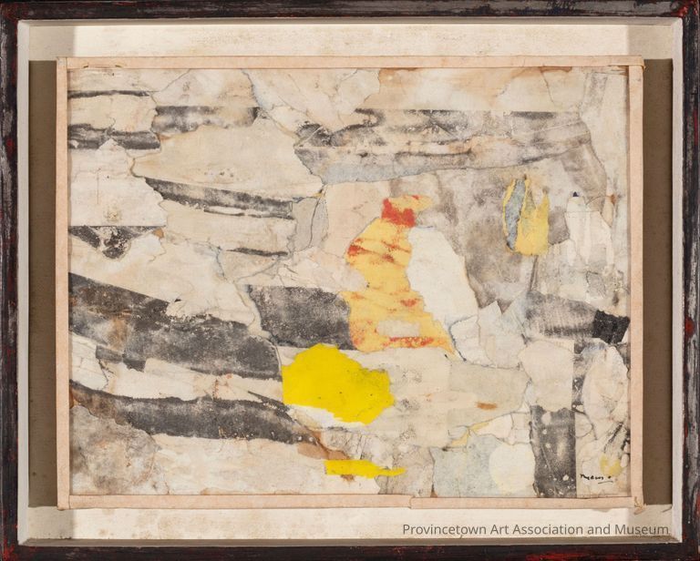 Collage of overlapping, torn-up pieces of black, off-white, yellow, and multi-color paper.