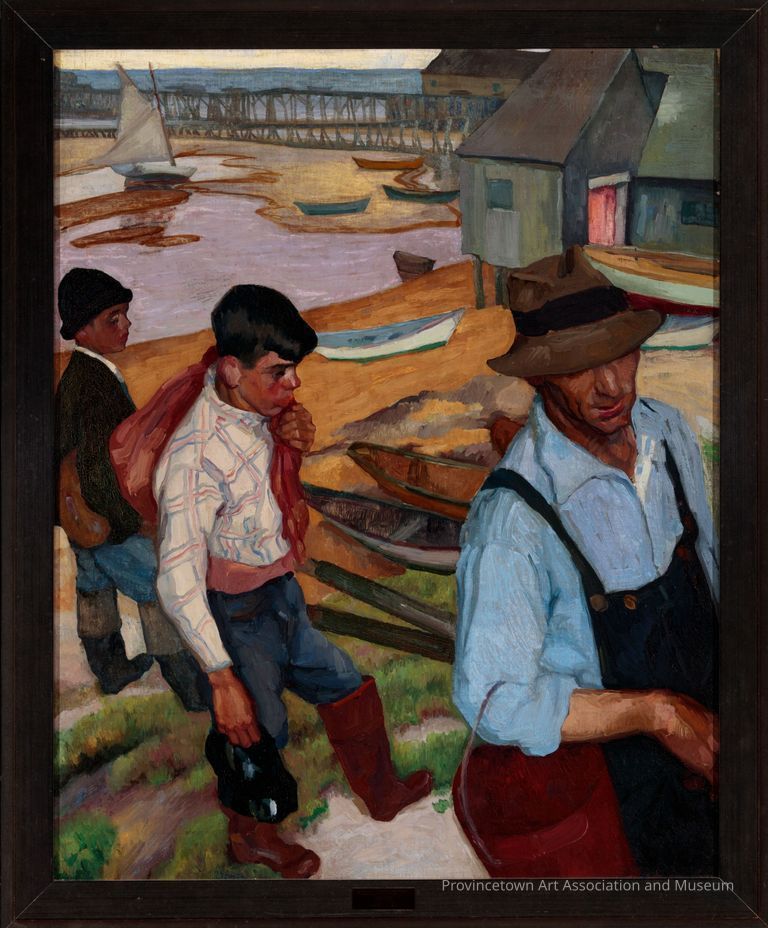 A clamdigger in overalls, accompanied by two boys walk ashore in their rubber boots. The background is scattered with boats beached at low tide and piers.