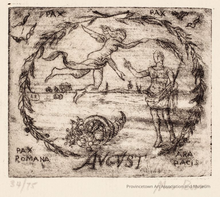 Augustus Caesar and floating figure with wings, cornucopia with fruit below, "Pax Romana" and "Ara Pacis"