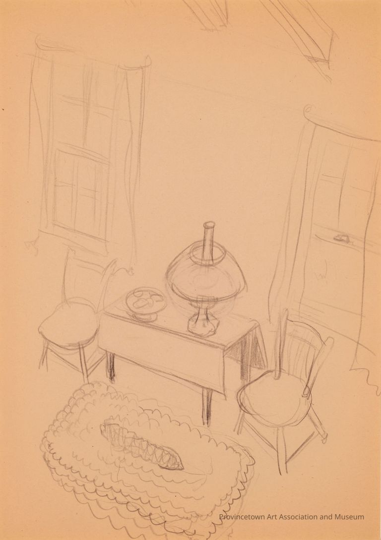 Untitled (Study of Hopper House Interior with Chairs, Table, Rug, and Two Windows)
