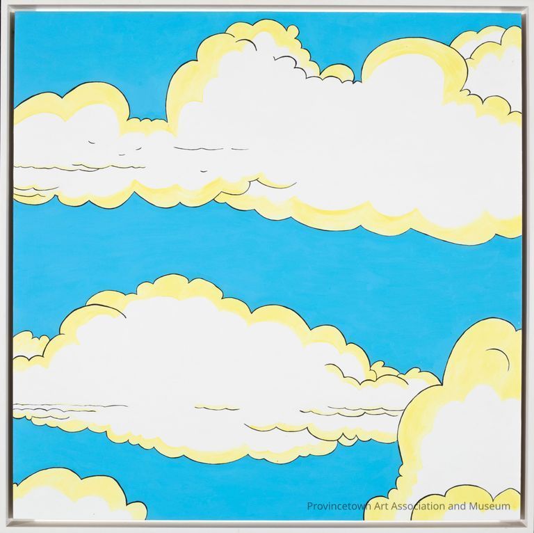 Fluffy cartoon clouds hovering in a bright blue sky. A butter yellow traces the black outline of the clouds.