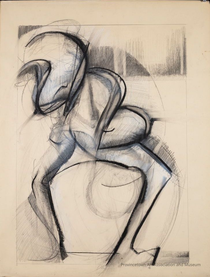 Abstract charcoal and chalk drawing. A figure with bow legs, reminiscent of Billy the Kid.