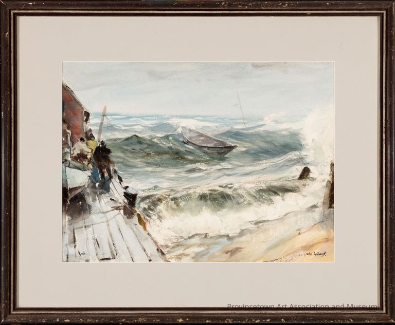 Crashing waves on the shore, dory in the water, with wharf