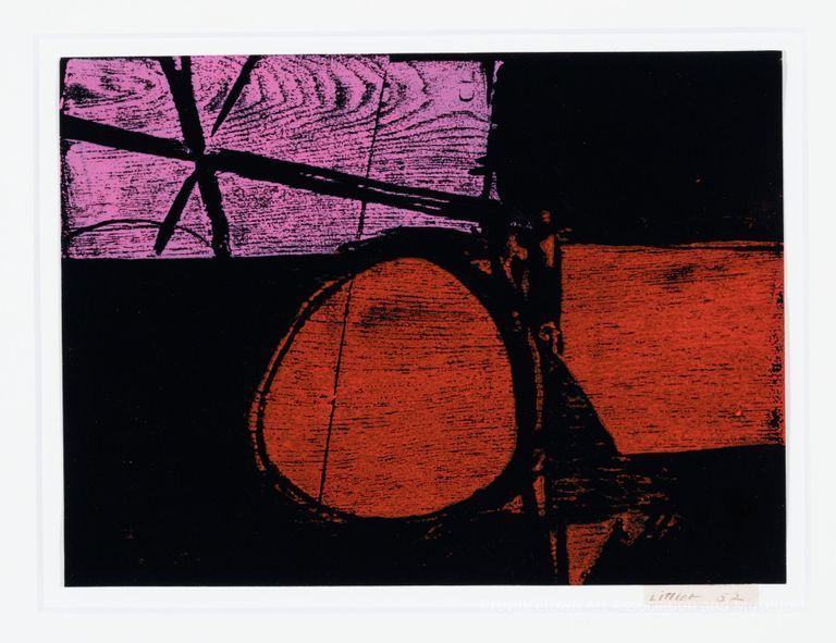 Pink and red shapes, with prominent wood grain, on black ground
