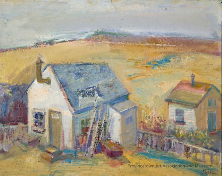 Two small houses in a rural landscape, with vibrant colors and a textured sky