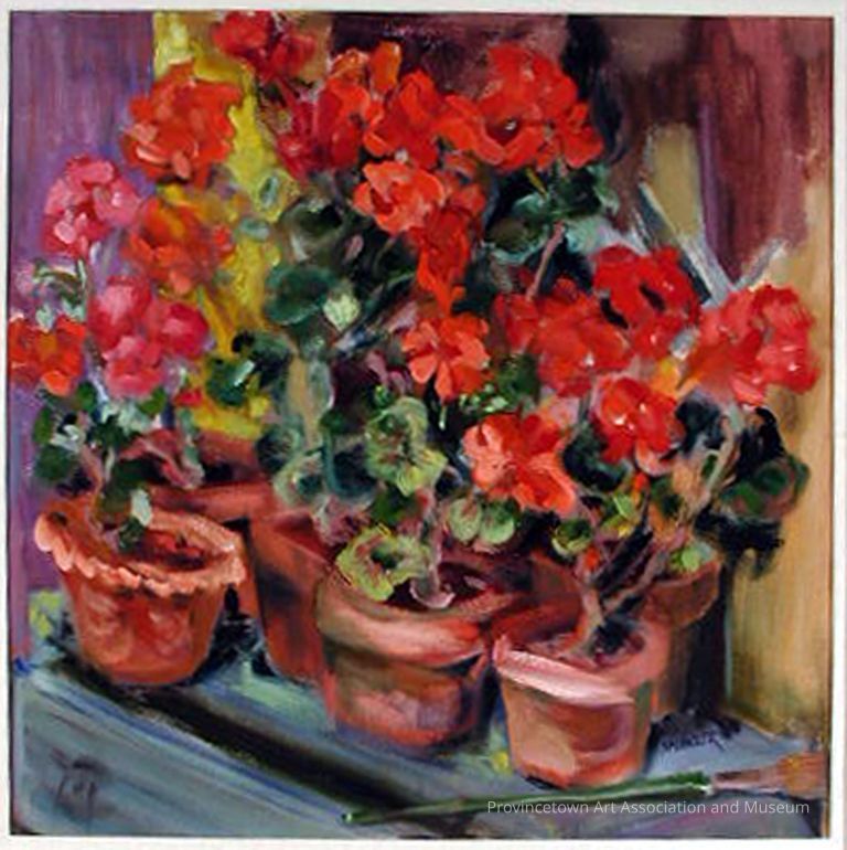 Several pots of red flowers on a dresser