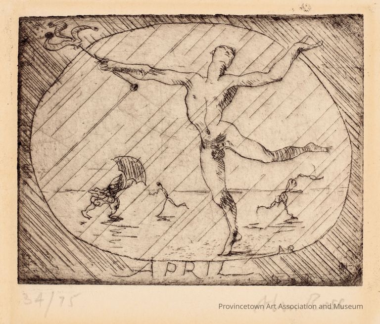 Nude figure frolicking in the rain, people with umbrellas behind