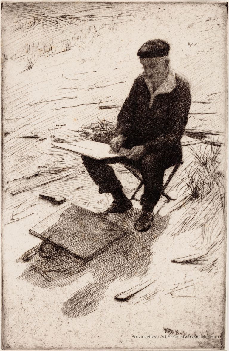 Self-portrait, man in hat sketching outside in the dunes