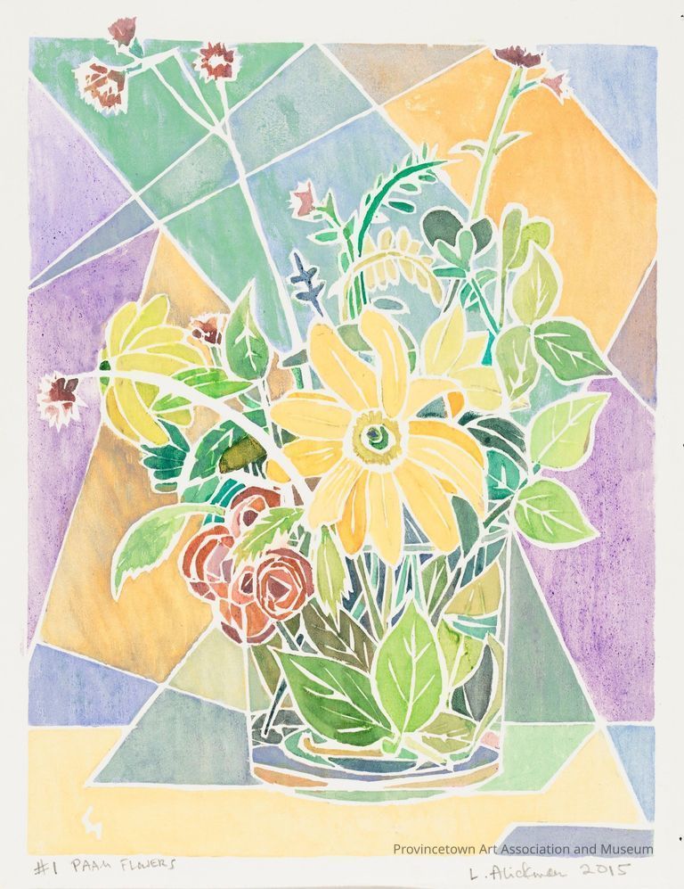 Yellow and pink flowers and leaves in clear vase, purple green and yellow geometric patterned background