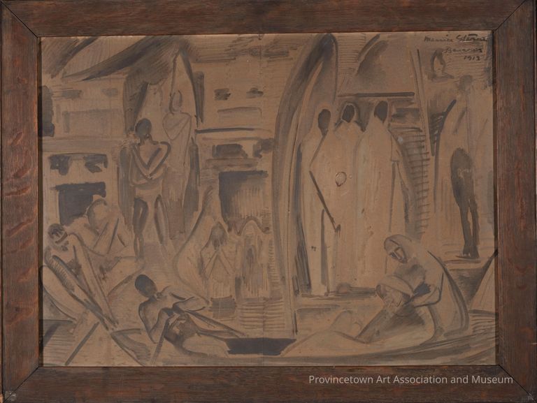 Abstract human figures in muted tones against brown cardboard background
