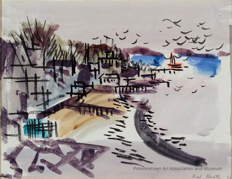 Buildings along shoreline, flying seagulls, orange sailboat