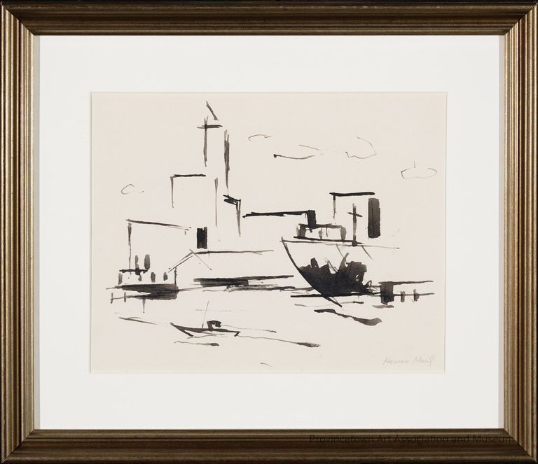 Outlines of buildings and boats in the harbor