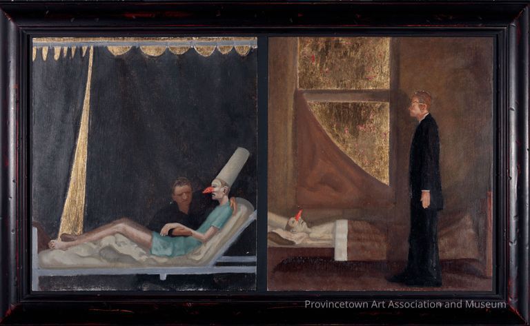 Left panel: Punchinello, lying sick in bed with a companion in black beside him; Right panel: Punchinello lying in bed (dead?), figure in a black suit standing next to his bead