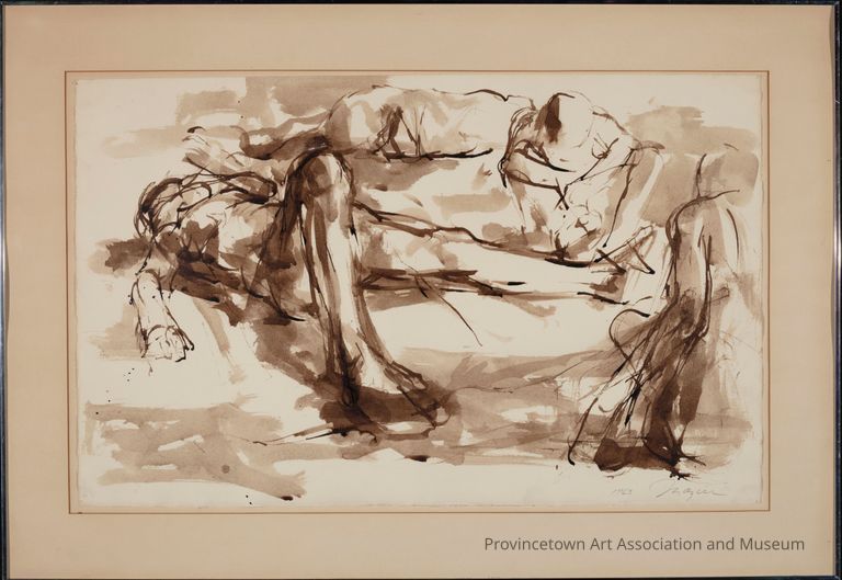 Monochromatic sketch of two intertwined human figures