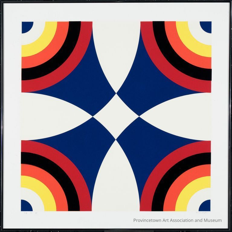 Symmetrical pattern of vibrant arcs and curves with blue, red, black, yellow