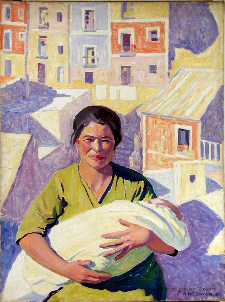 Woman in green dress holding baby bundle, town buildings in purple shadows behind