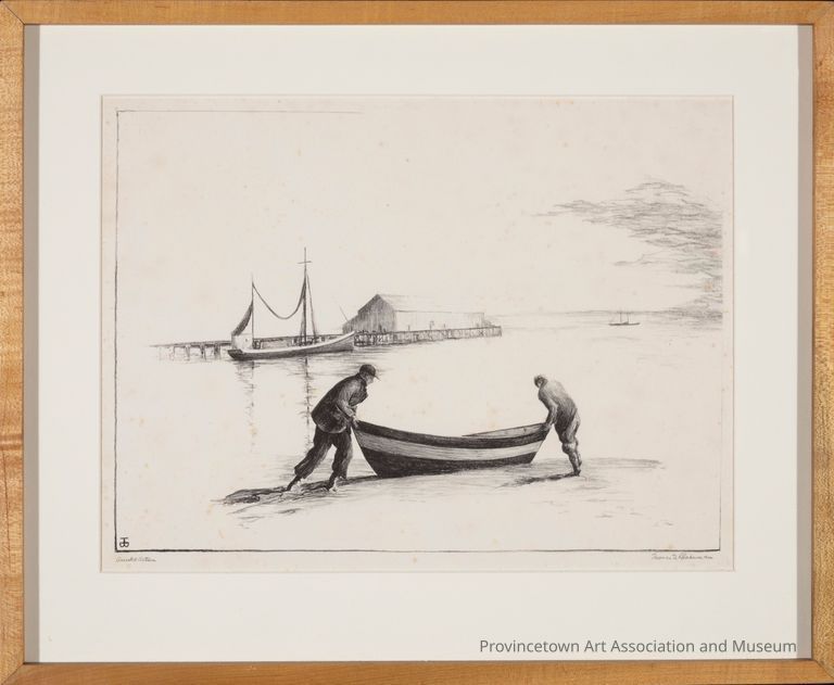 Two men pushing their dinghy out into the water. A pier and large sailboat in the background.