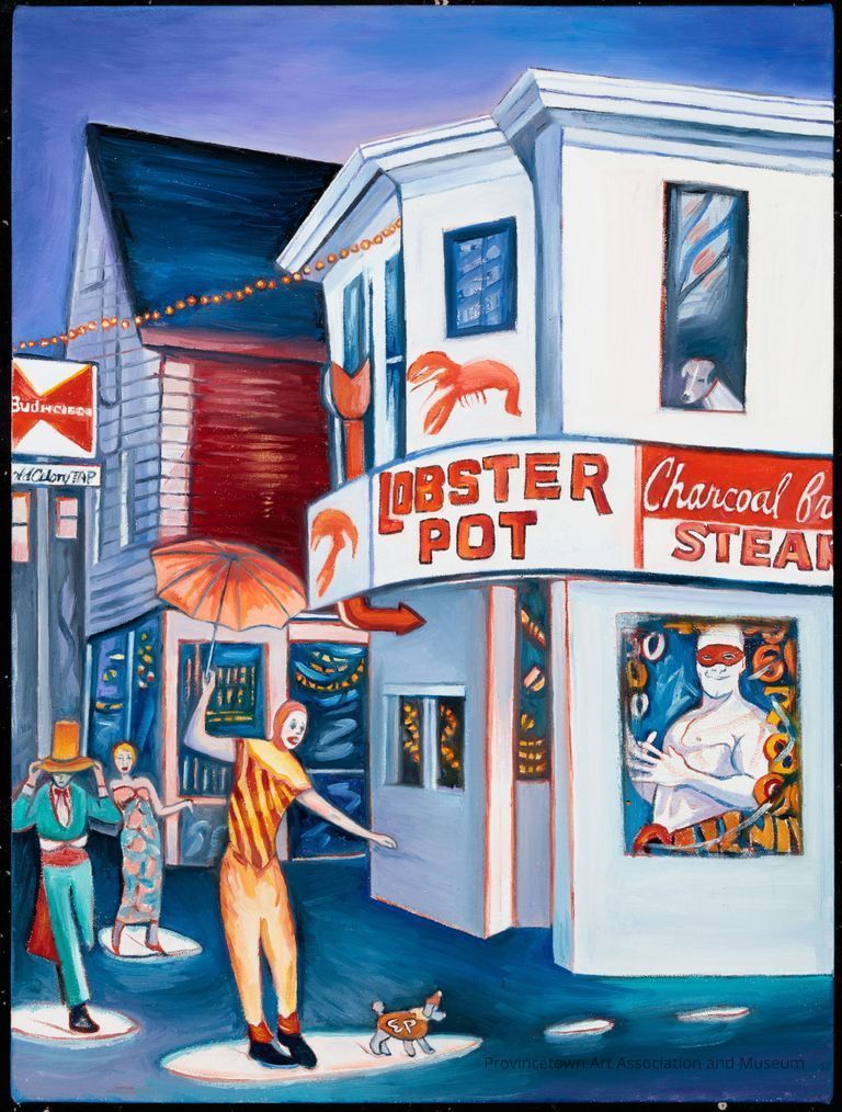 Provincetown street scene, pedestrians in carnival costumes and little dog outside the Lobster Pot and Old Colony Tap
