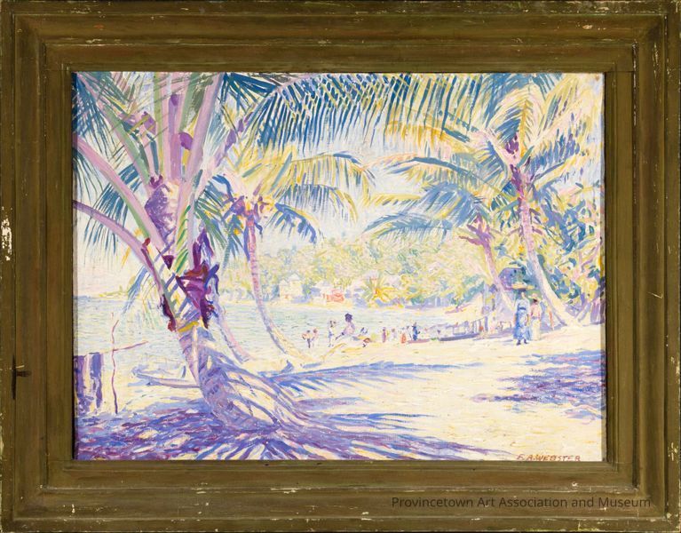 Palm trees along beach, people lying on sand