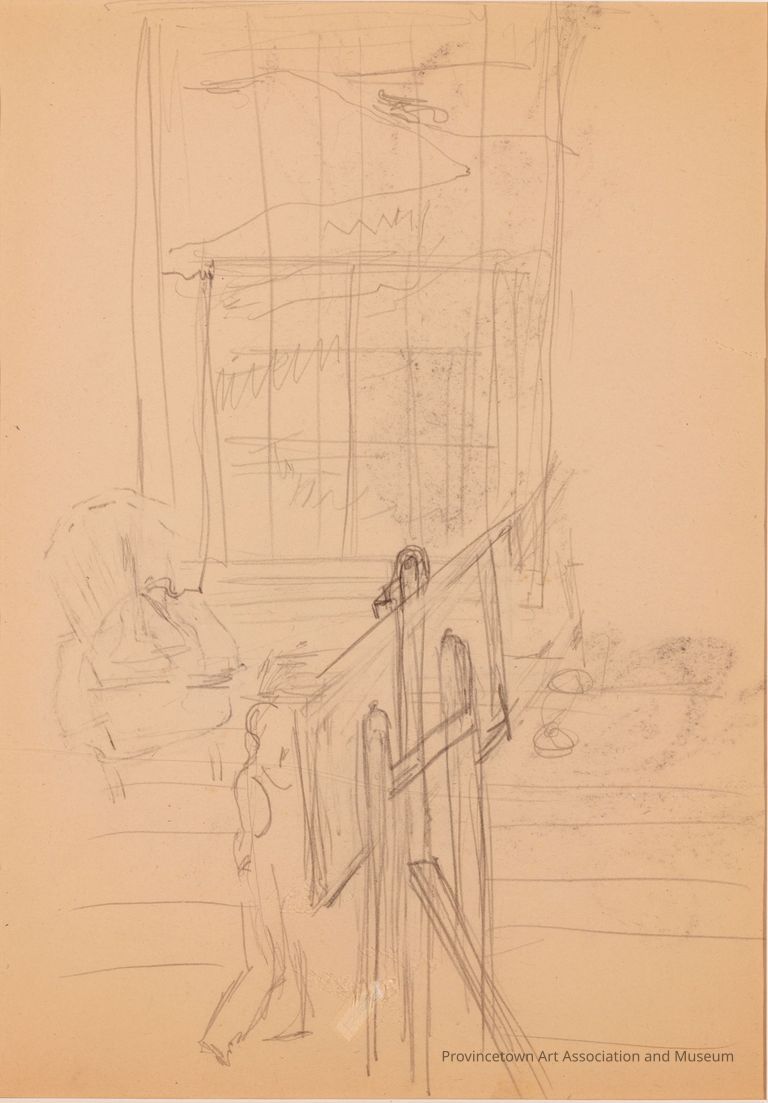 Untitled (Interior View of Hopper House, Edward at Easel, Armchair, Large Window)
