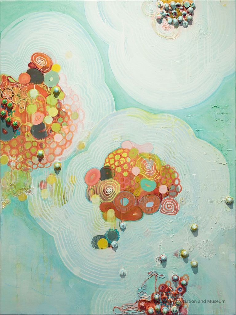 Blue/teal and white background, multi-colored orbs, bubbles, and spirals, some 3D globs of paint