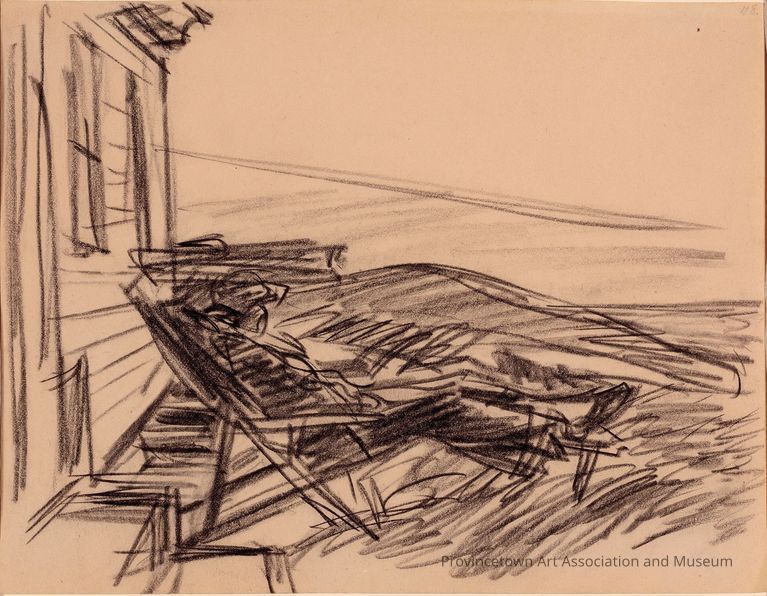 Untitled (Study of Figure Reclined in Chair Outside Building, possibly for Sea Watchers or People in the Sun)