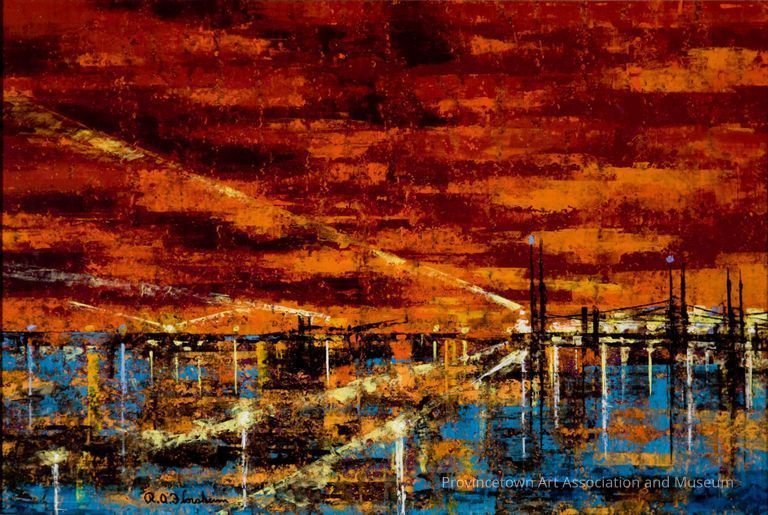 Red sky and blue foreground, bridge in background