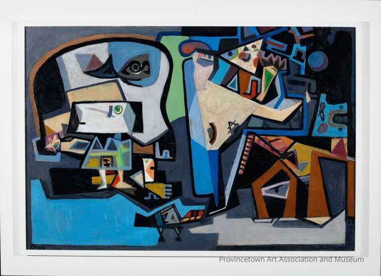 Cubist scene in greys, blues