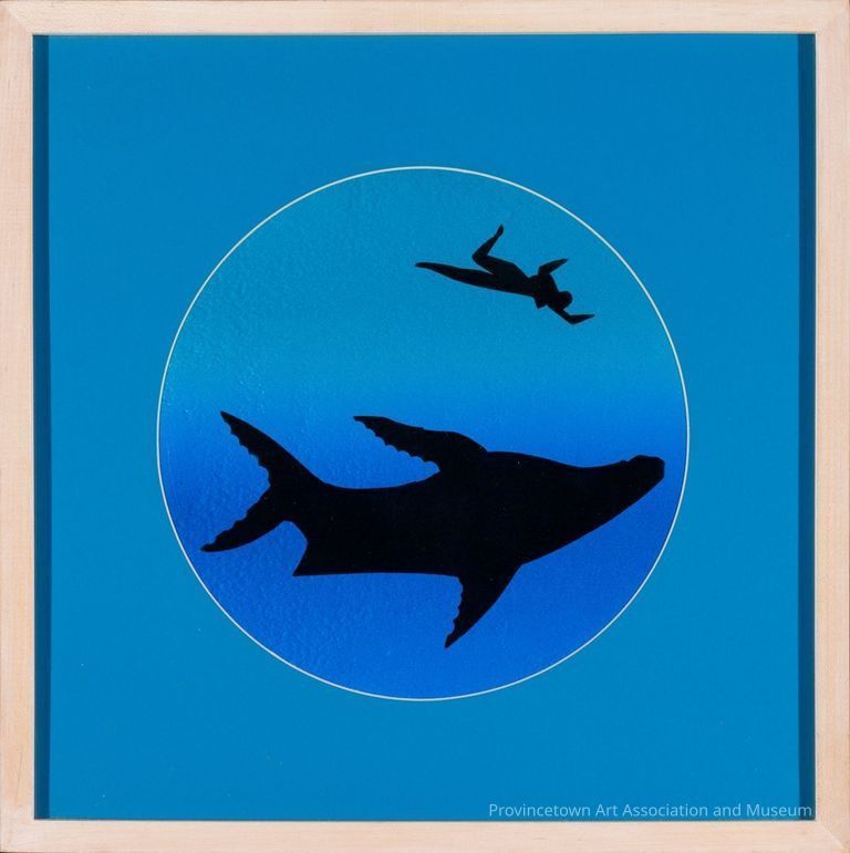 Blue circle in blue square; print of swimming diver and large whale/fish