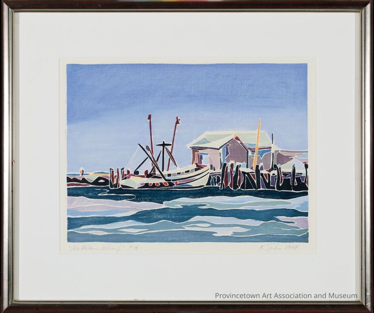 Color white-line woodblock print of McMillan Wharf. A fishing boat docks.