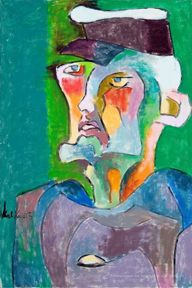 Blocky/cubist, multi-colored portrait of a man in hat