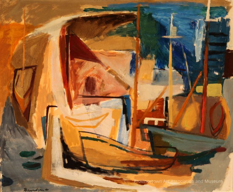 Yellow and orange abstract boats, blue harbor in upper right corner