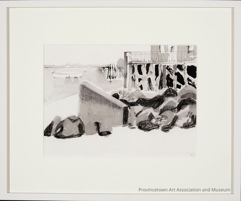 Beach scene with rocks and boat made up of gray tones