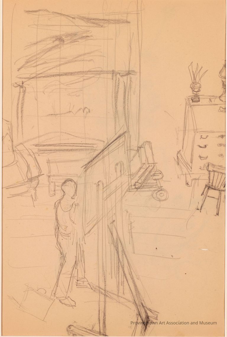 Untitled (Interior View of Hopper House, Edward at Easel, Armchair, Large Window, Desk, and Chair)