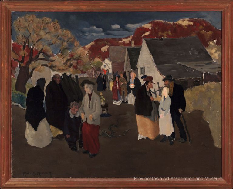 Group of figures emerge from homes in autumn landscape with colorful trees