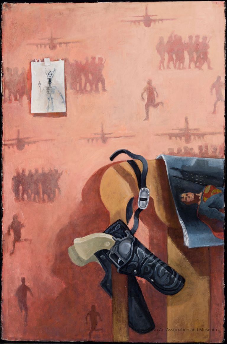 Gun in holster hanging from a chair; Superman magazine; drawing of a skeleton taped to a wall; pink wallpaper depicting airplanes, soldiers, people running