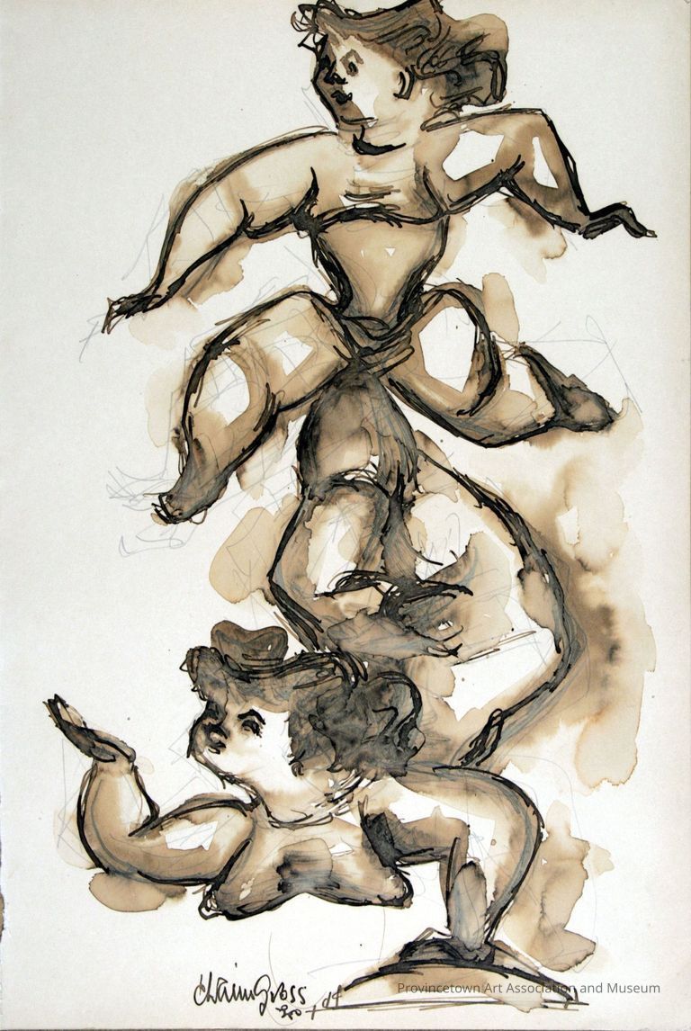 Two women contorted in acrobat poses; one standing upside down on one arm, the other standing on her feet