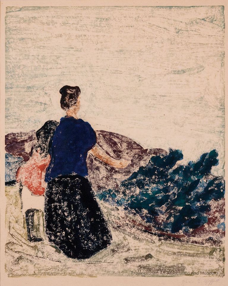 Abstract composition of woman and child in the dunes with blue and purple