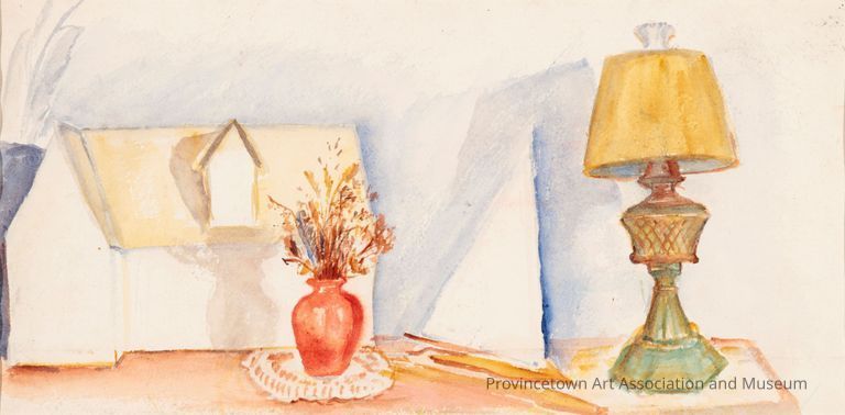 Untitled (Lamp and Vase, with Model Sailboat and Model House [resembling house from High Noon])