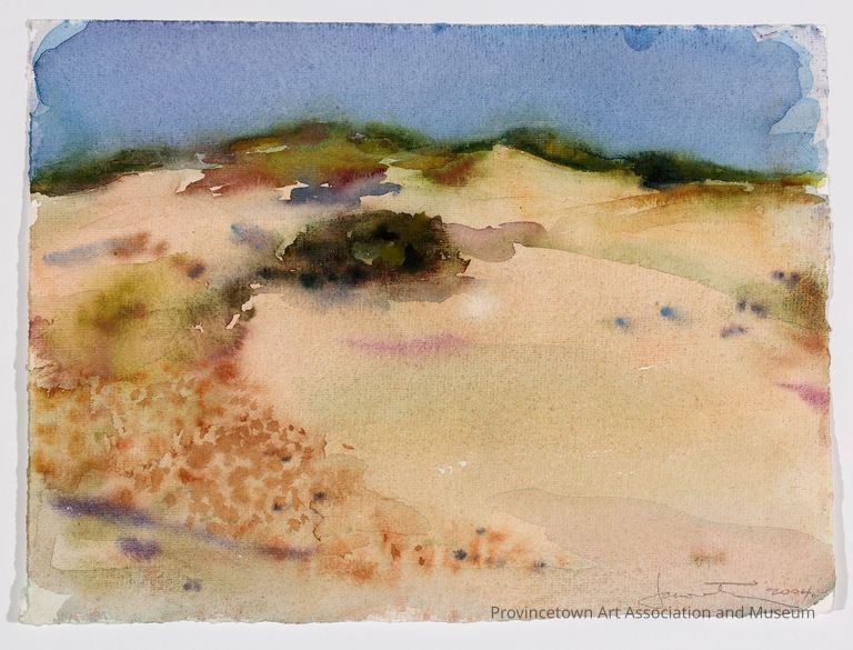 Watercolor composition of sand dunes and blue sky
