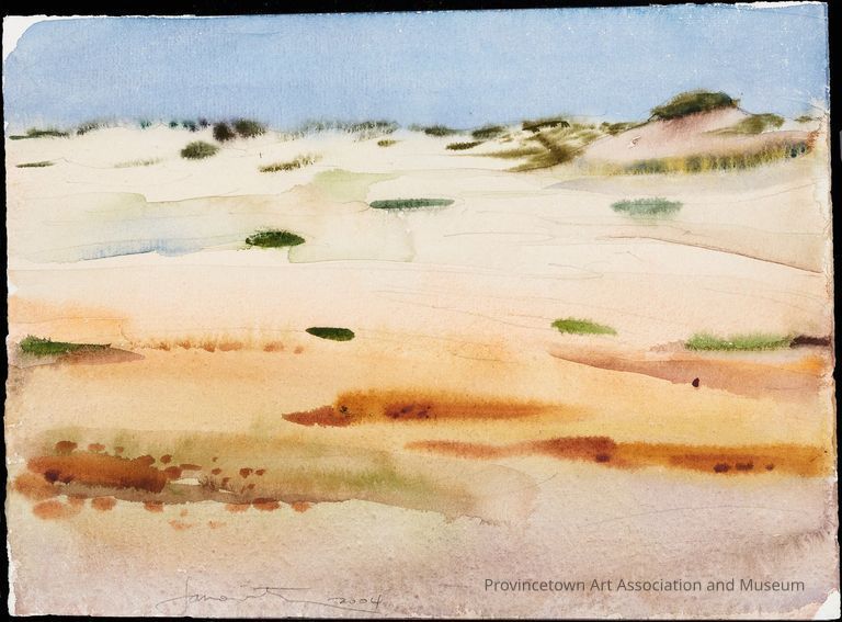 Watercolor composition of sand dunes and light blue sky