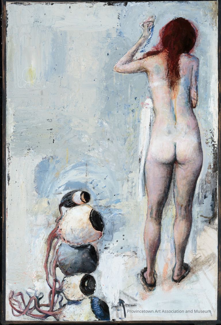 Nude woman with red hair, seen from the back, with pile of large disembodied eyeballs on the left