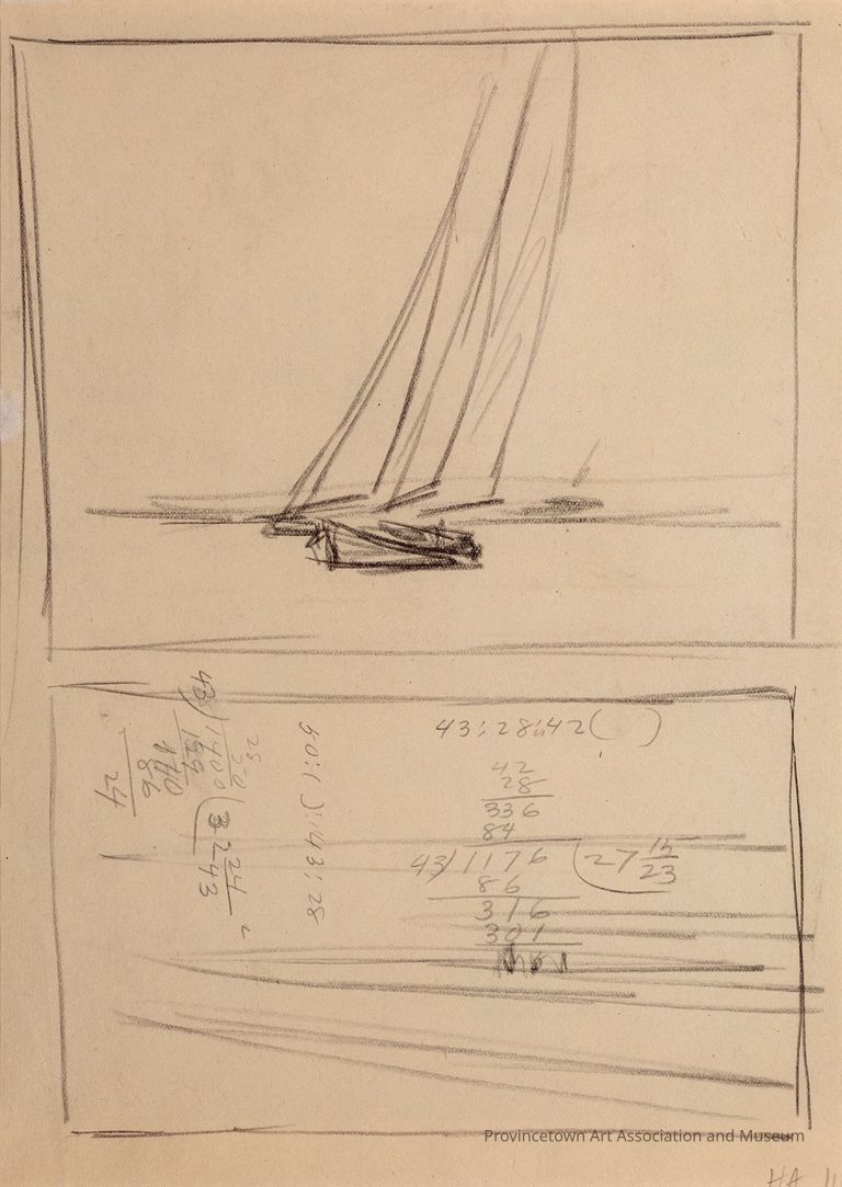 Recto: Untitled (Study of Sailboat and Landscape, likely for The Long Leg [top], Study of Sailboat and Arithmetic [bottom]); Verso: Untitled (Study of Sailboat [top], Arithmetic [bottom])